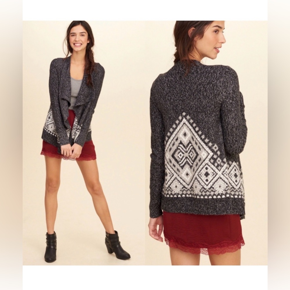 Hollister Charcoal and White Geometric Aztec Fair Isle Open Front Cardigan Sz M